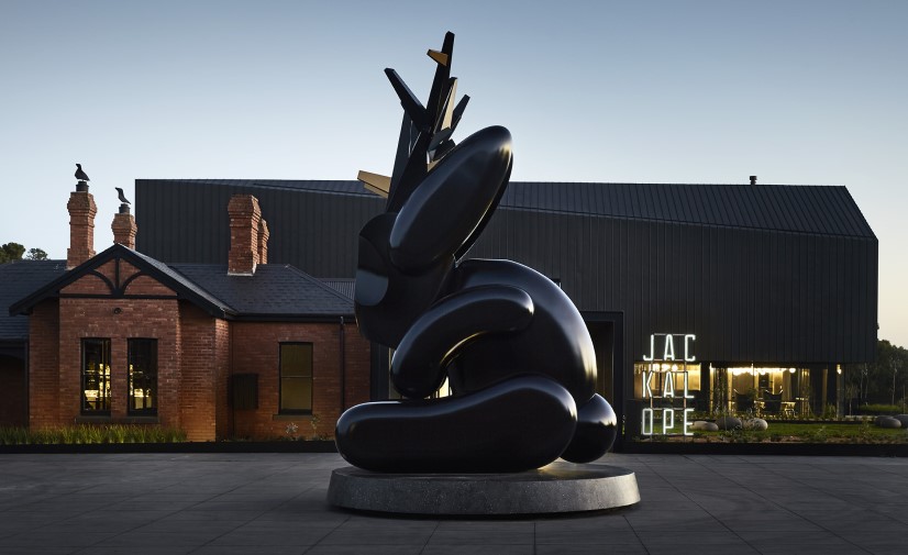 Jackalope hare statue and hotel exterior